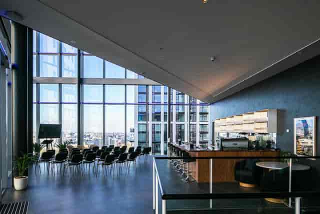 York Road corporate event venue with theater seating and panoramic views for presentations.