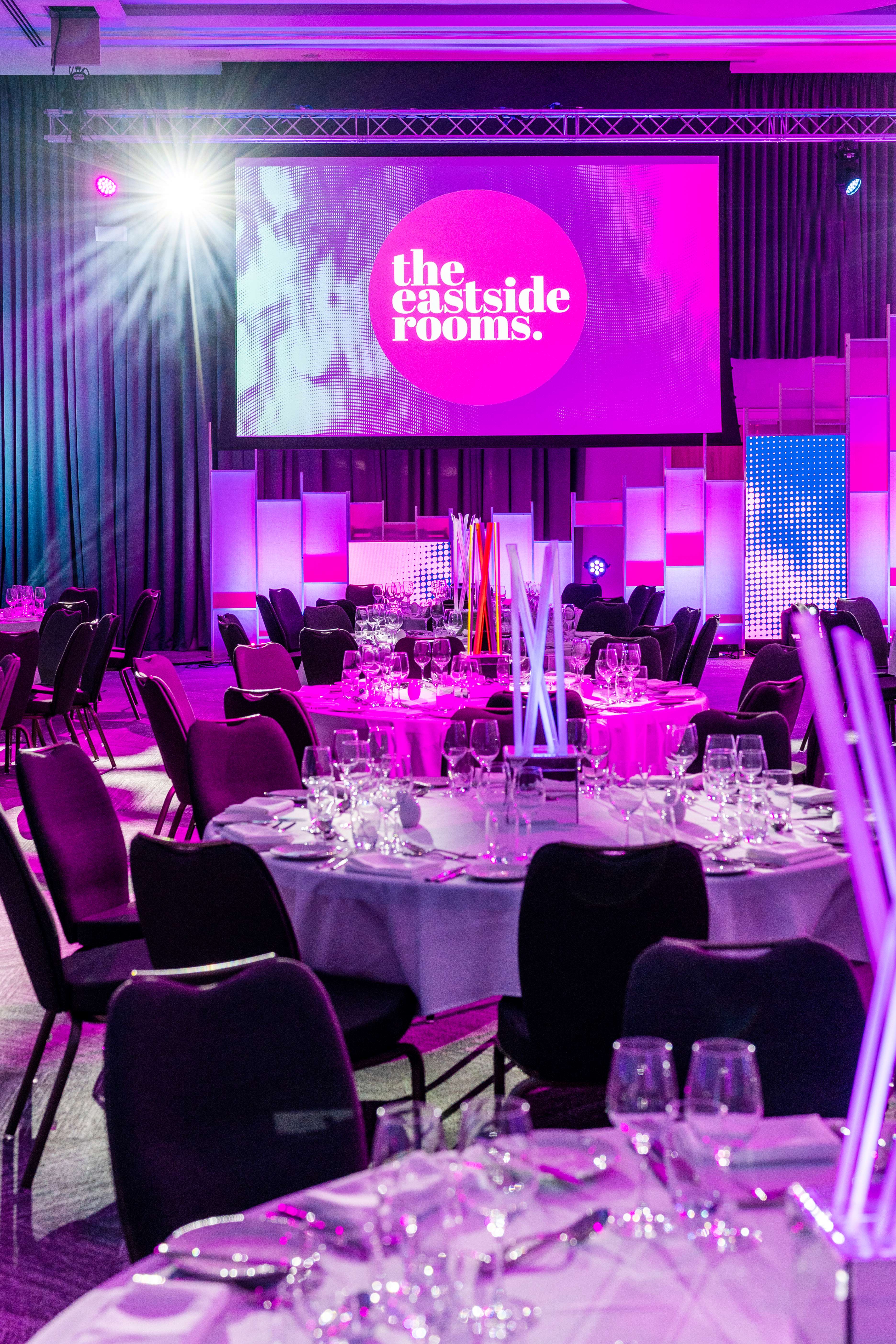 Elegant dinner setup in Affinity One, Eastside Rooms for corporate events and galas.