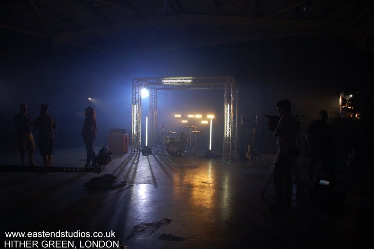 Erith Stage at East End Studios, set for a concert with dramatic lighting and crew.