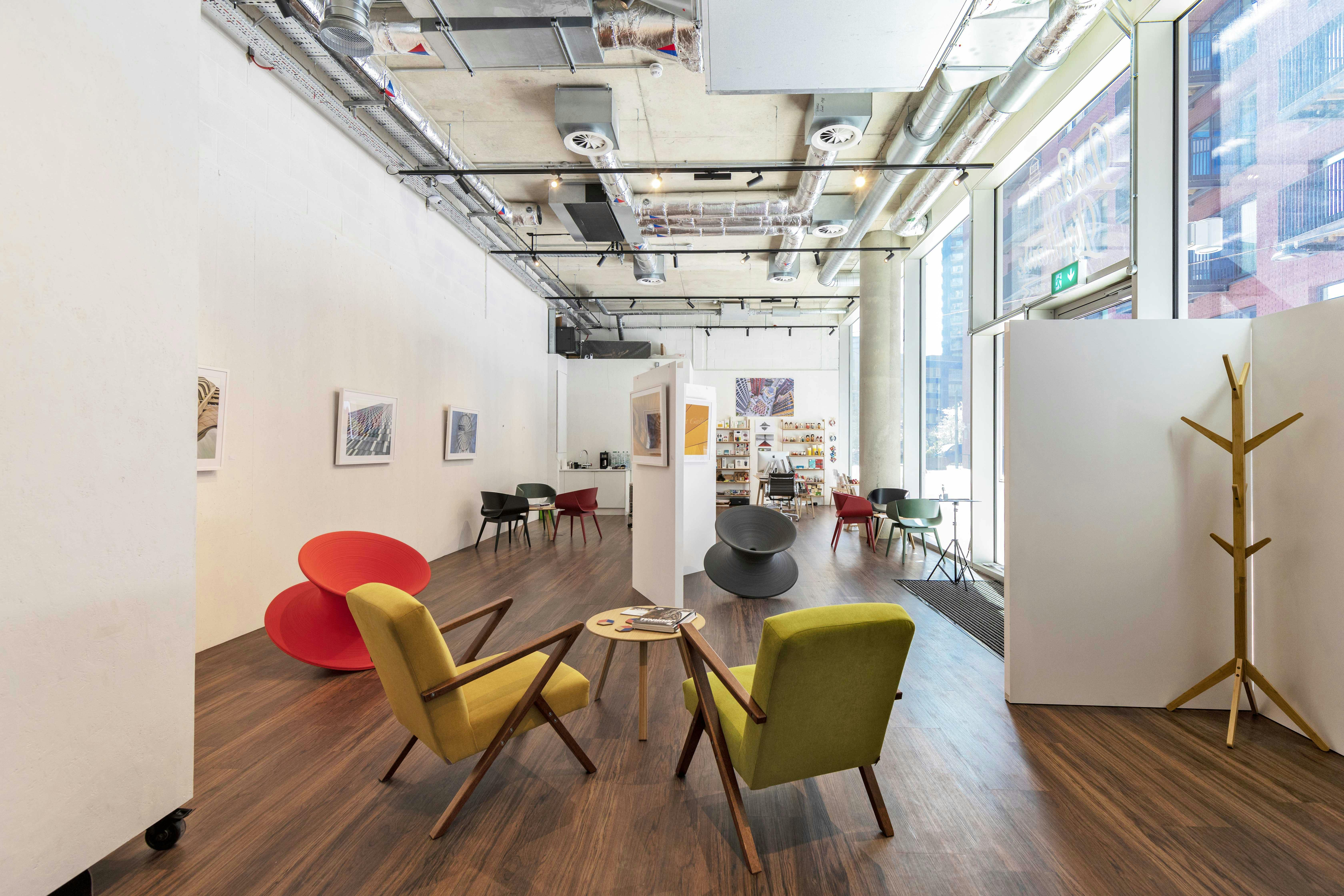 Modern event space in London with natural light, perfect for workshops and networking.