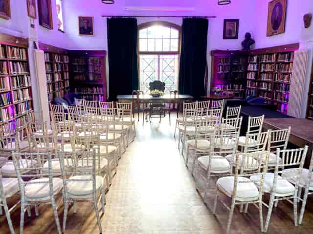 Conway Hall library ceremony space with uplighting for elegant wedding or event venue.