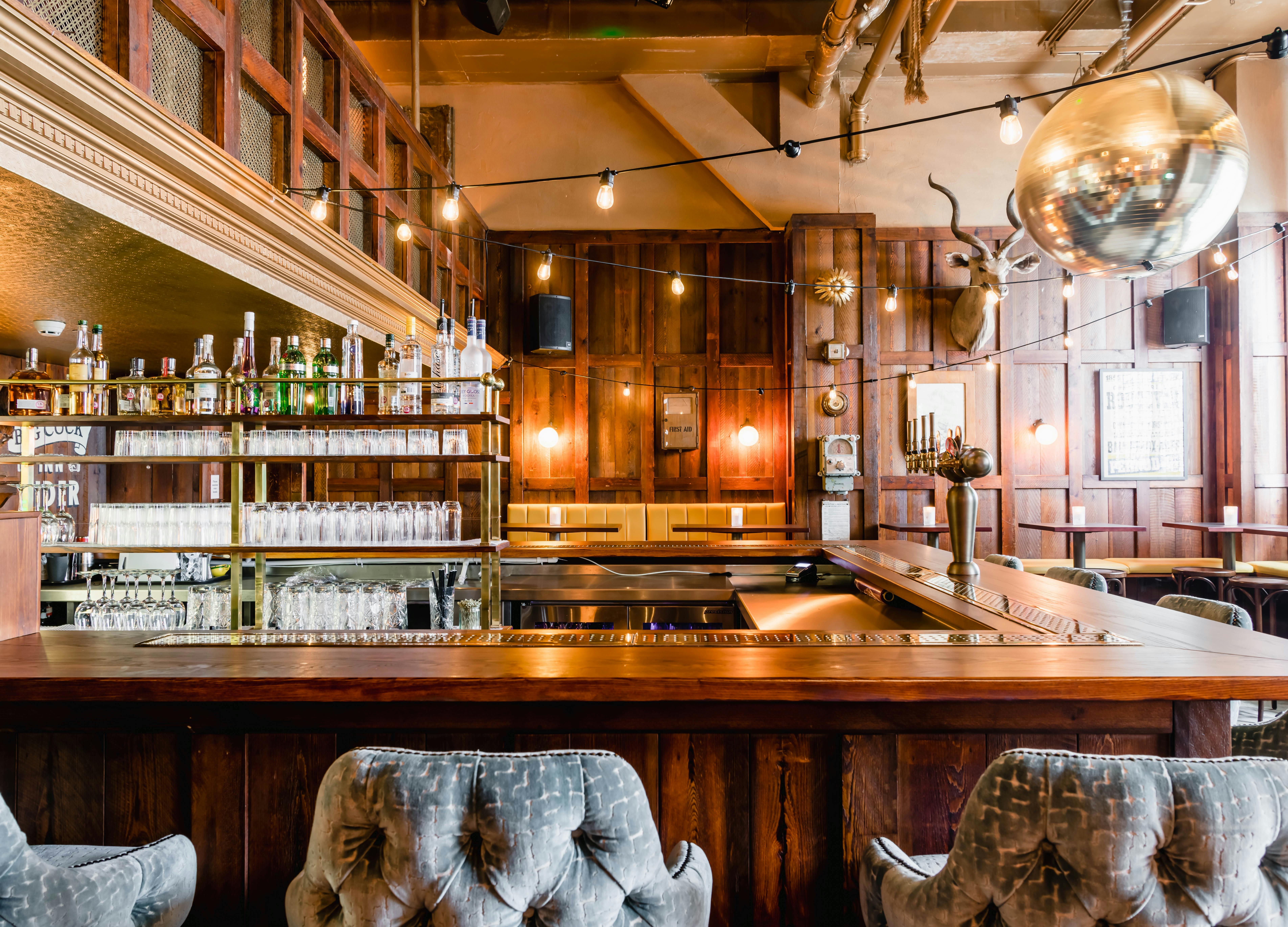 Stylish bar area at The Breakfast Pub, ideal for networking events and gatherings.