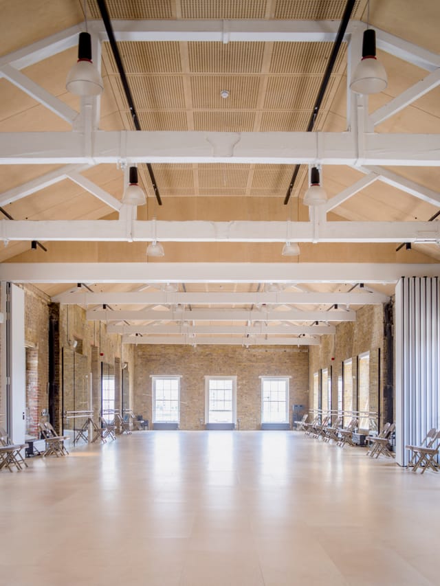 Spacious industrial event venue with high ceilings for meetings and workshops in Woolwich.