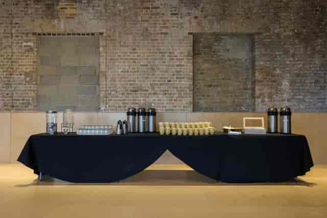Refreshment station at Coopers Studio, Woolwich Works, ideal for networking events.