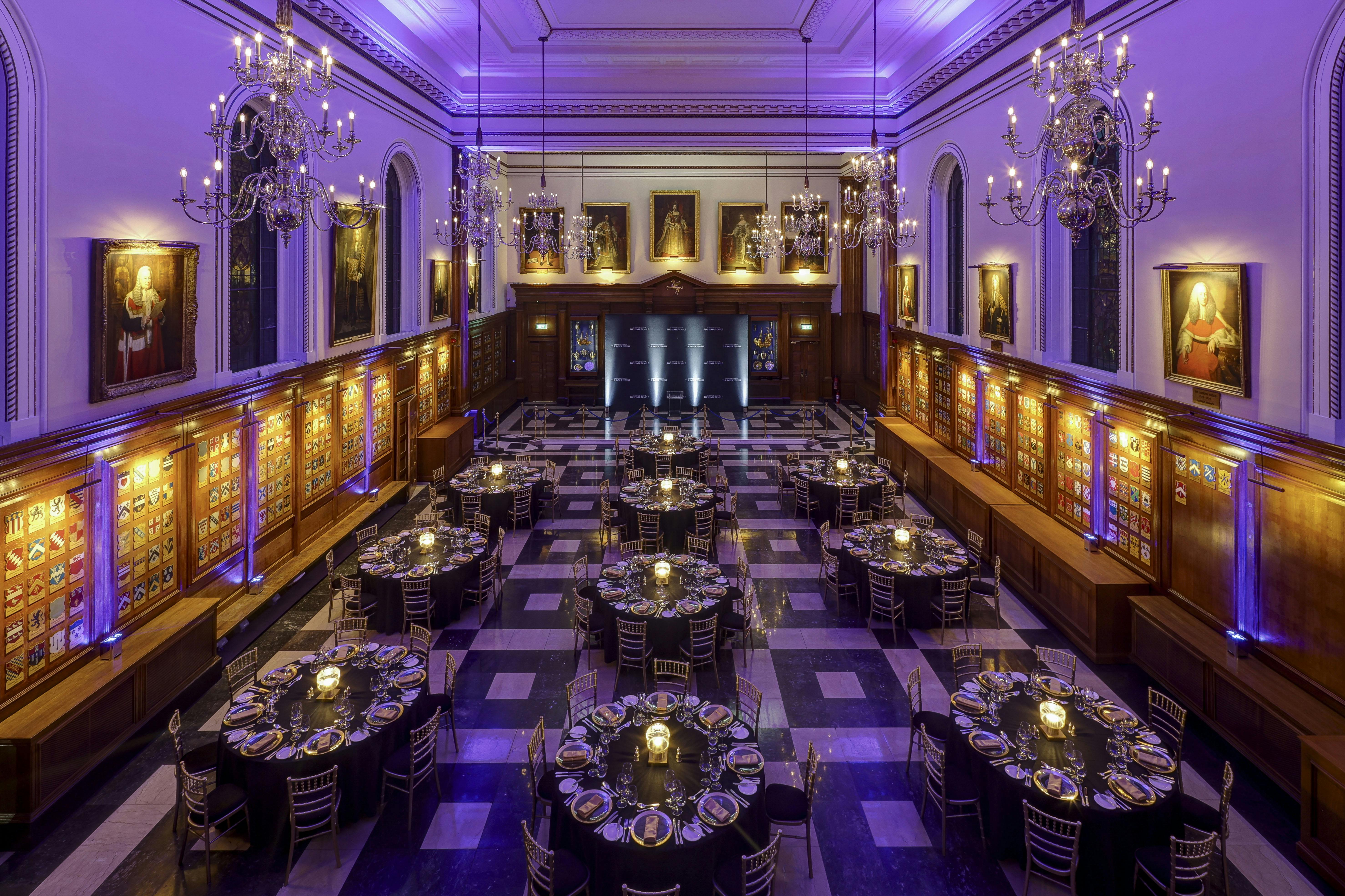 Elegant Inner Temple Hall set for formal dinner with chandeliers, ideal for corporate events.