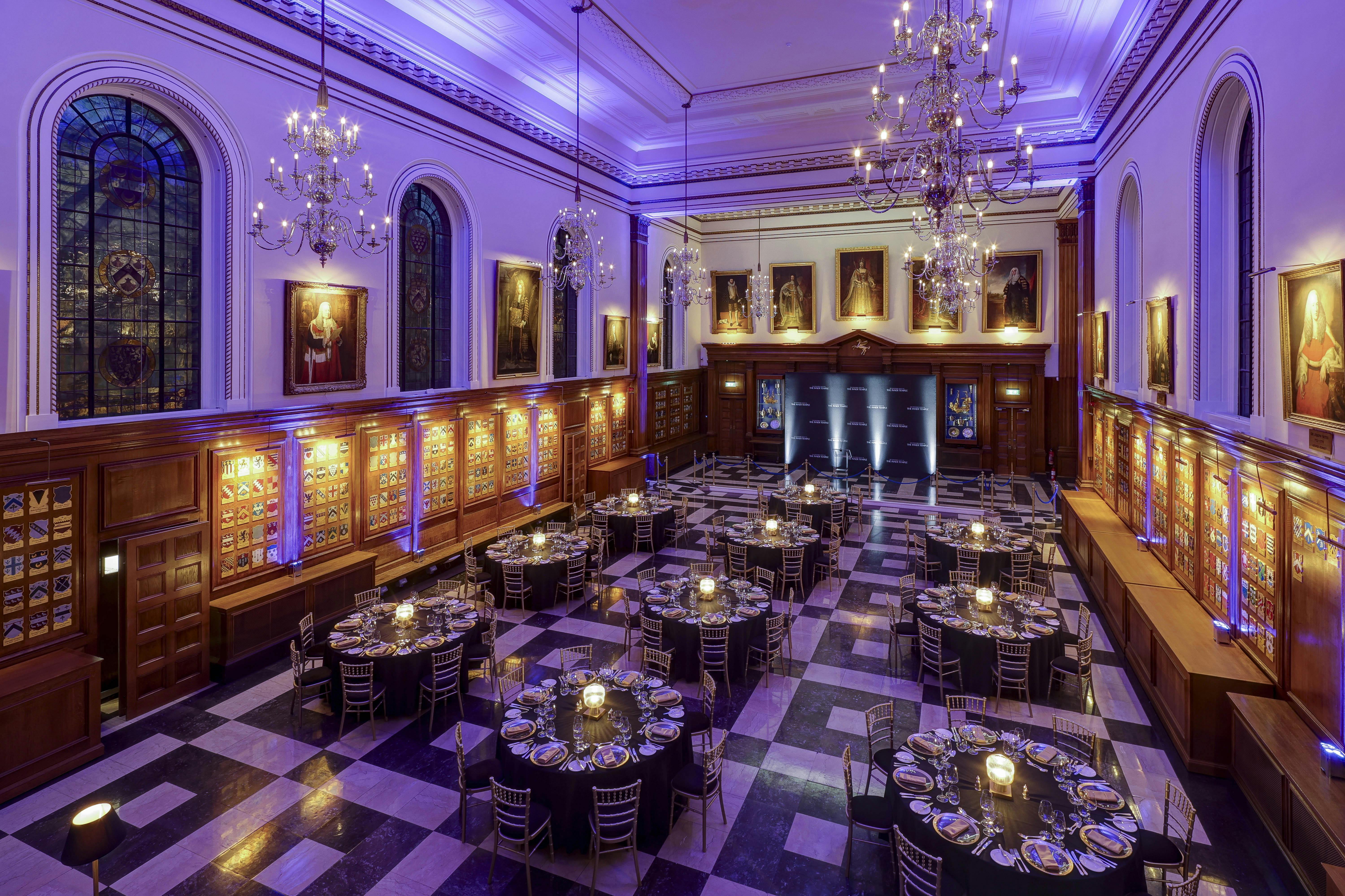 Elegant Inner Temple Hall set for a formal dinner, perfect for corporate events and galas.