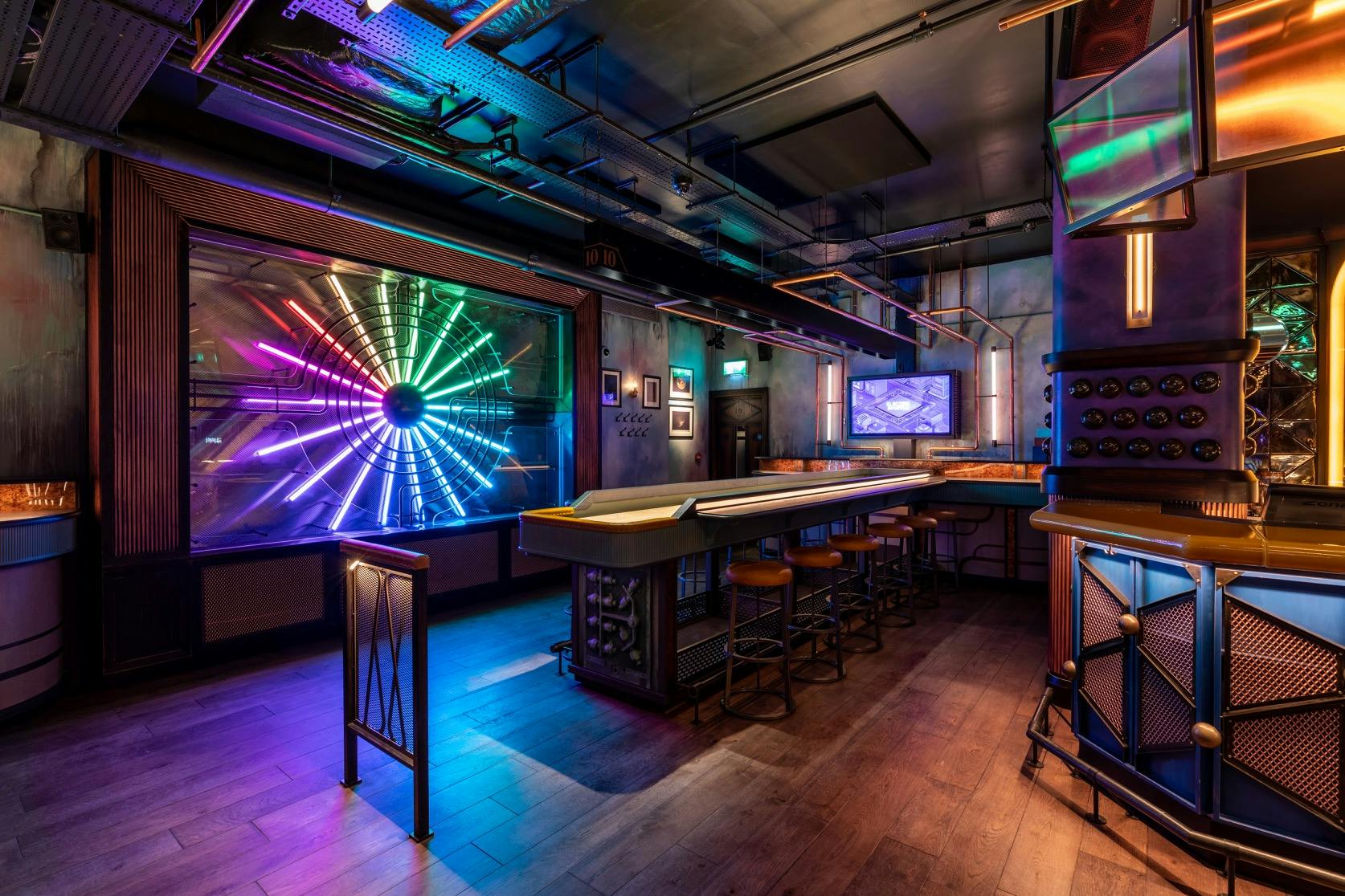 Vibrant event space at Electric Shuffle Canary Wharf for meetings and social gatherings.