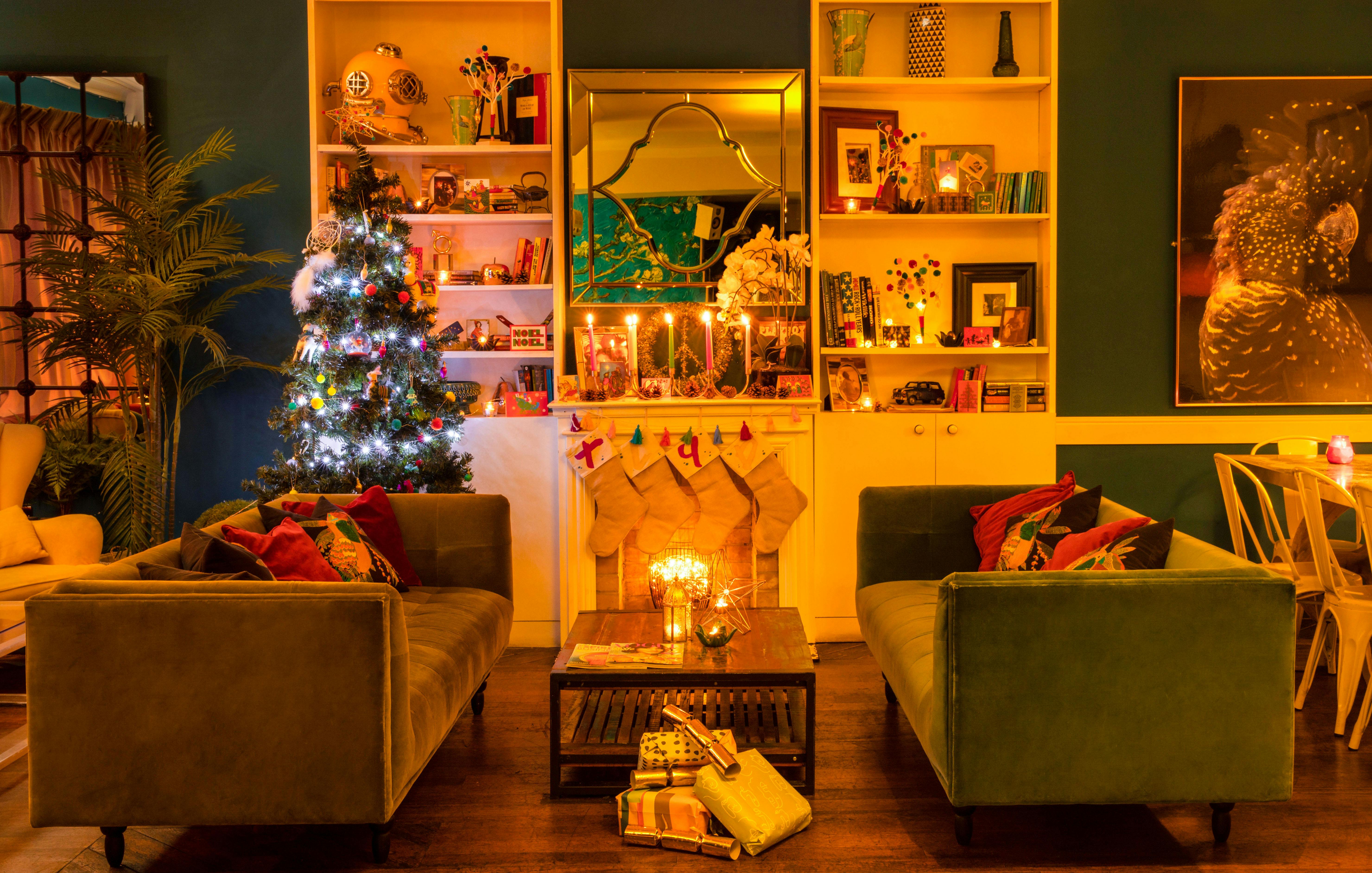 Cozy Christmas party venue with festive decor and warm lighting at The Little Yellow Door.