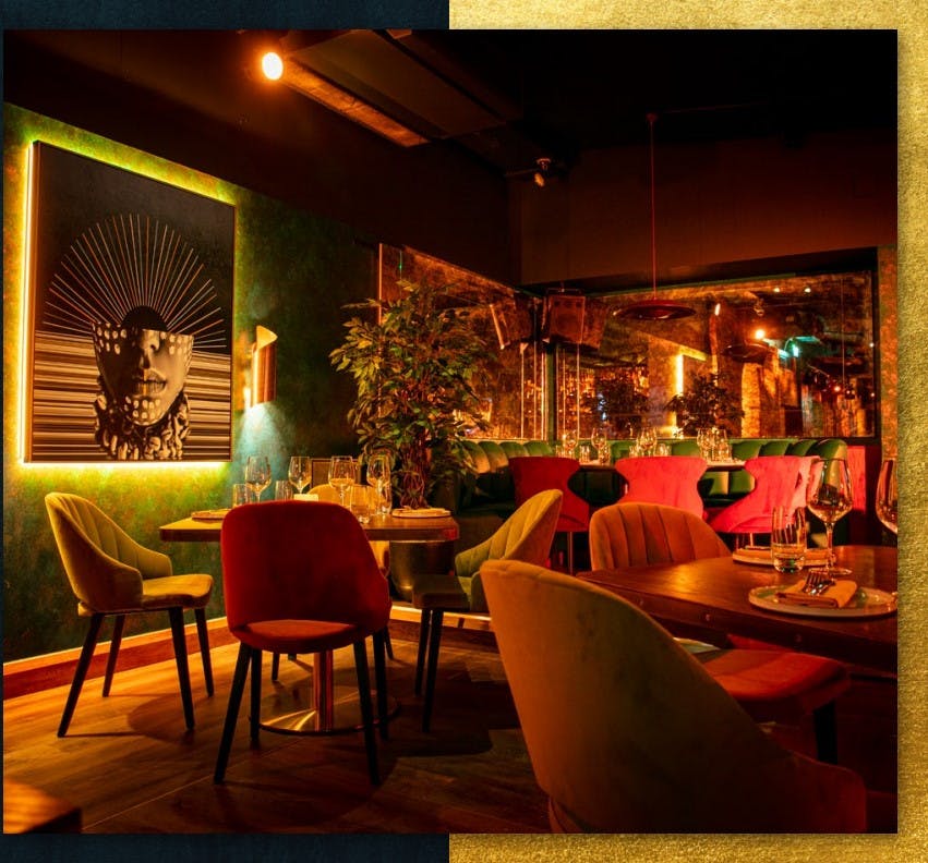 Private dining room in LUNA LONDON, vibrant decor for upscale events and intimate gatherings.