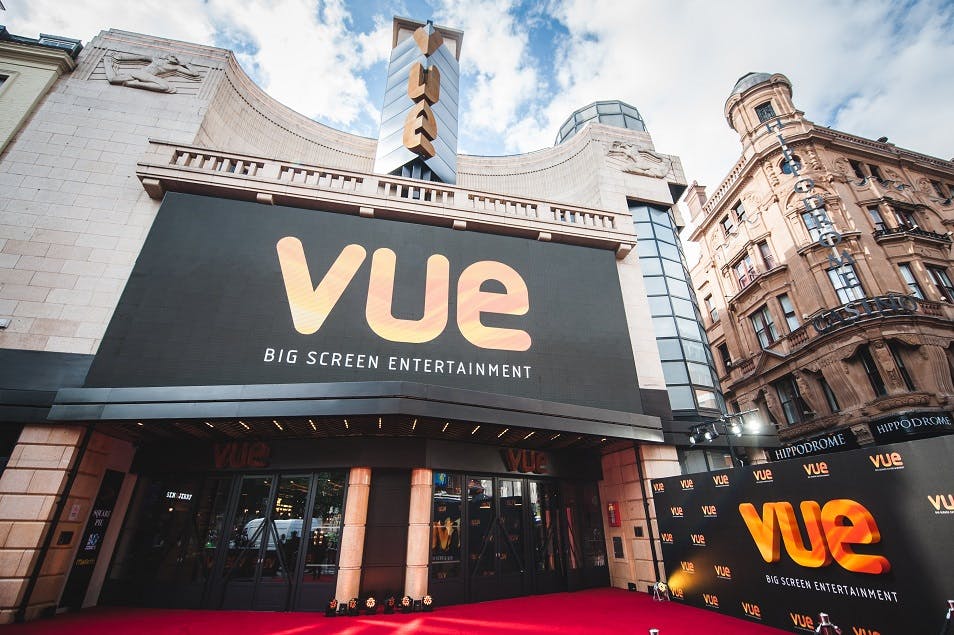 VUE West End entrance with red carpet, perfect for premieres and corporate events.