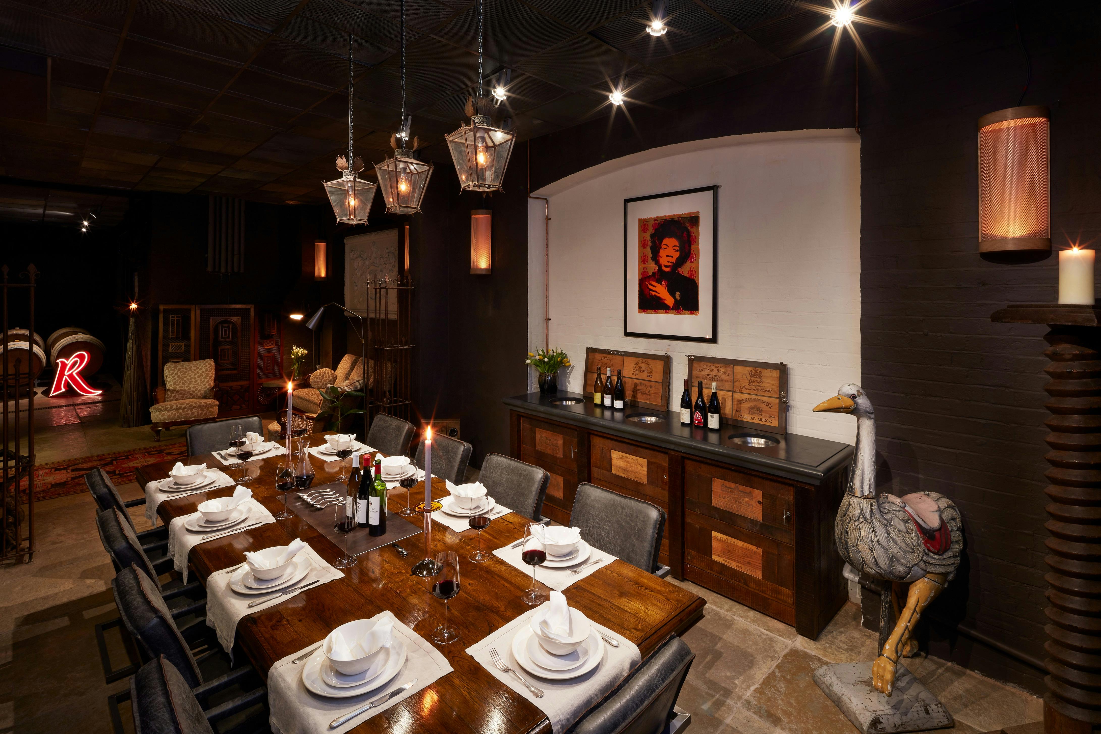 Barrel Room at London Cru: elegant dining setup for corporate dinners and intimate gatherings.