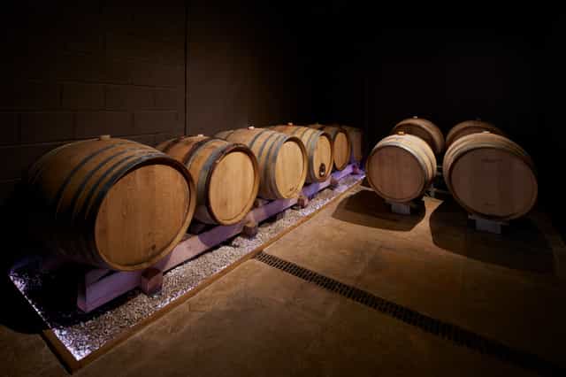 Barrel Room at London Cru Winery with wooden barrels, perfect for wine tastings and events.