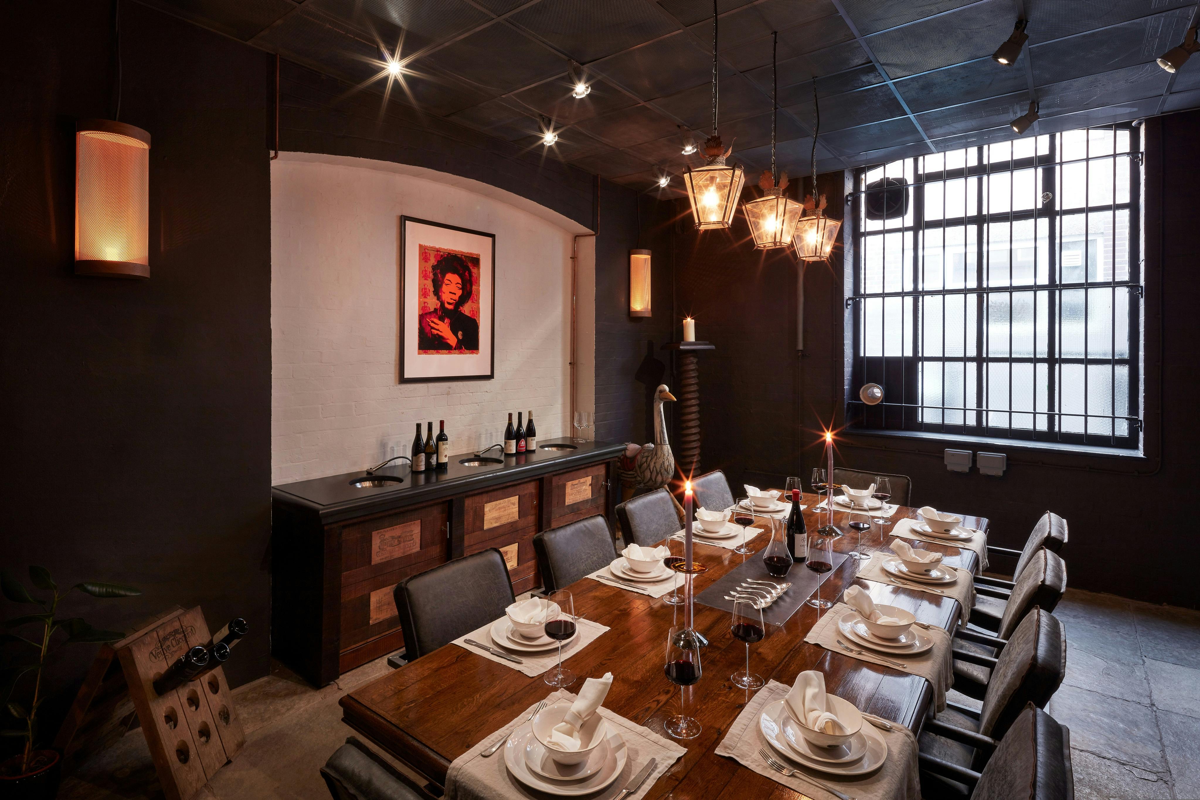 Barrel Room at London Cru: elegant dining space for corporate dinners and intimate gatherings.