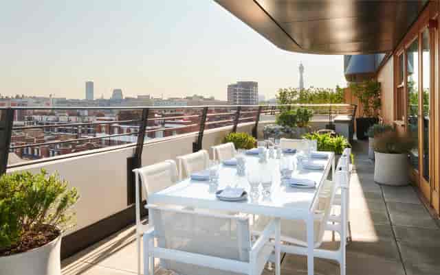 Elegant rooftop terrace at The Standard, London, perfect for upscale dining events.