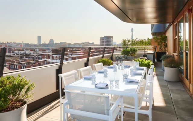Elegant rooftop terrace at The Standard, London, perfect for upscale dining events.