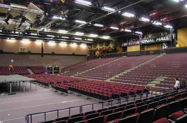 Spacious tiered seating in The International Hall for conferences and performances.