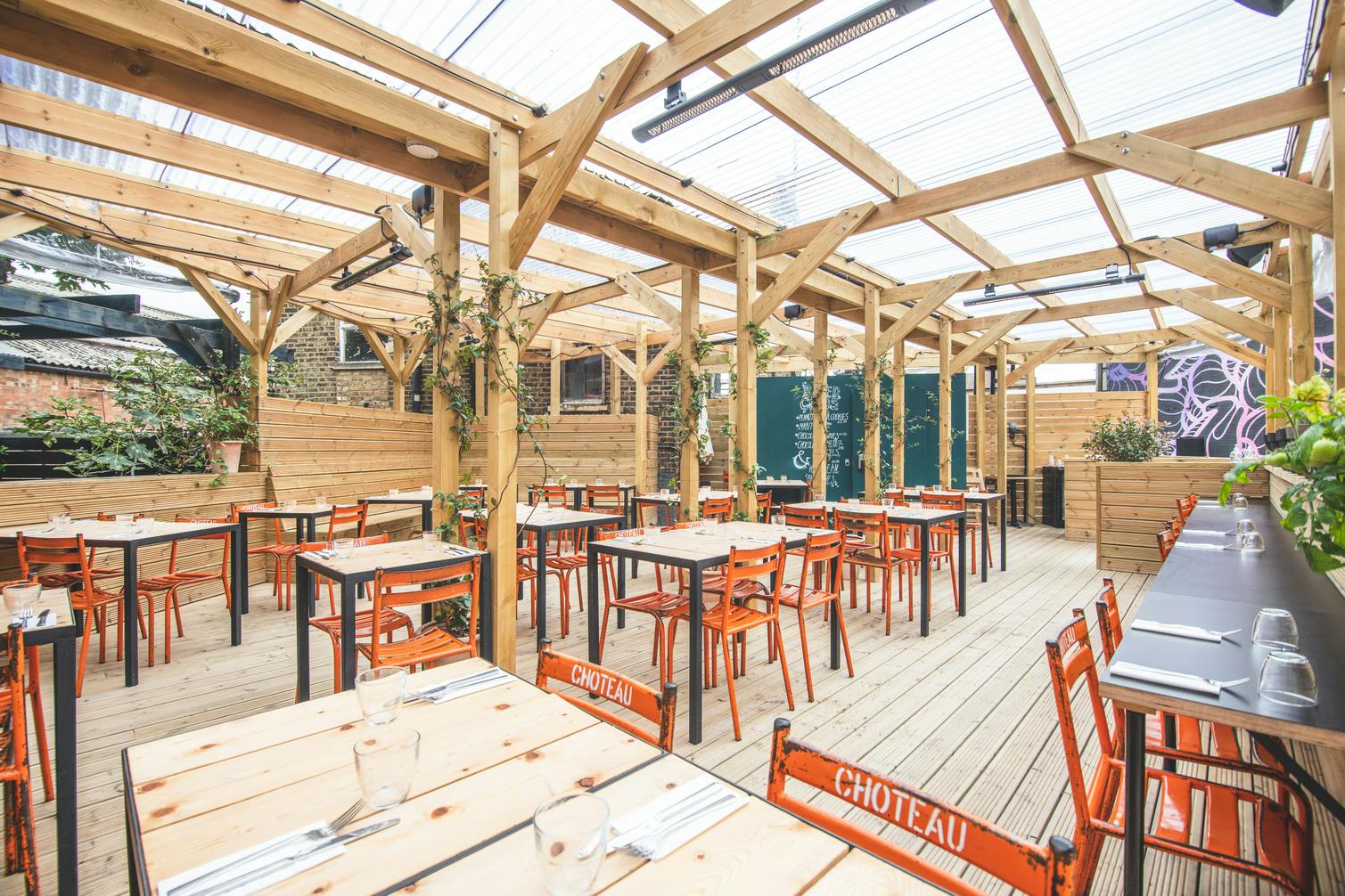 Outdoor dining space at Mike's Peckham, perfect for events and gatherings.