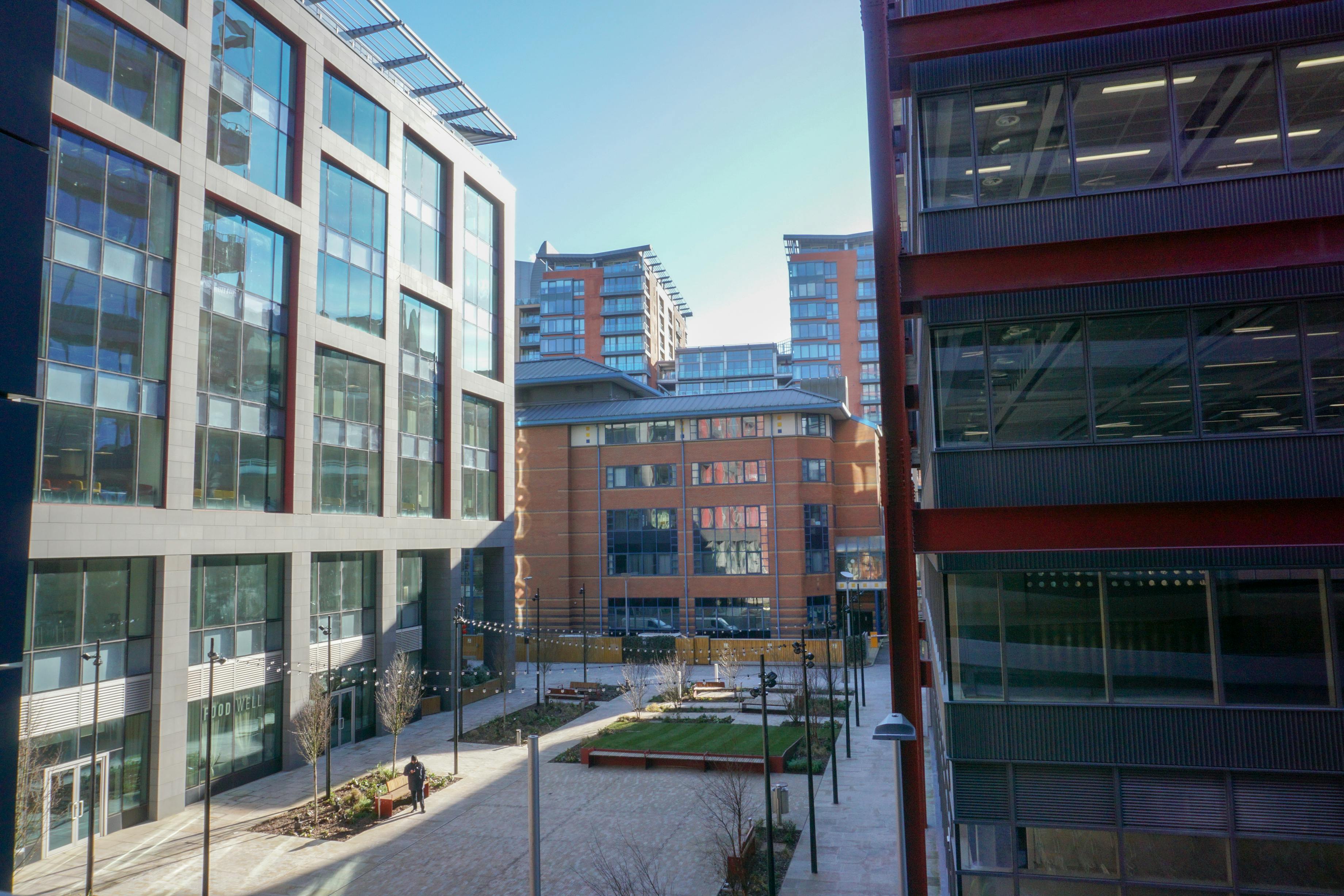 Modern urban venue in New Bailey Square for meetings and events with ample natural light.