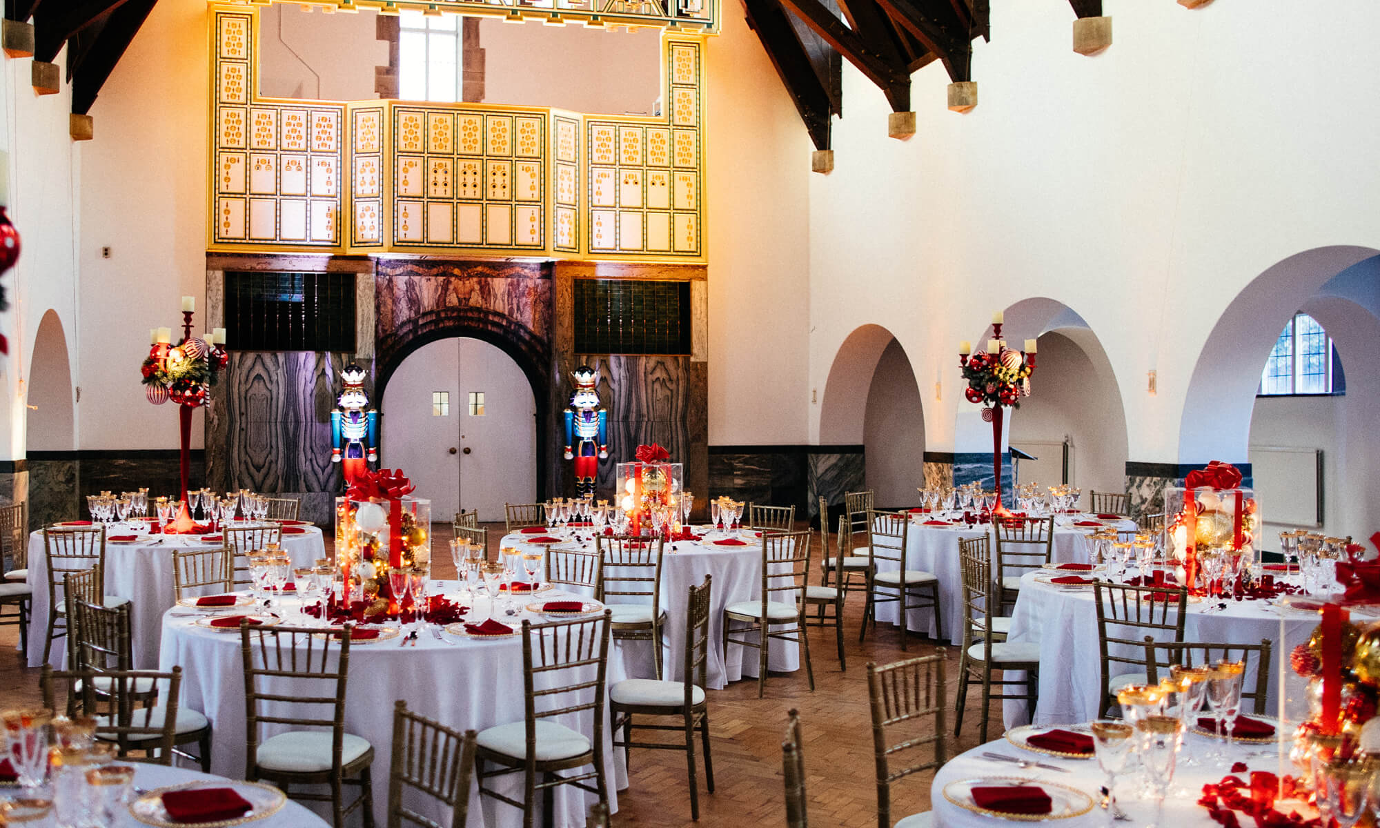 Elegant banquet hall at Daisy Bank Manor with white linens, perfect for weddings and events. - Banner