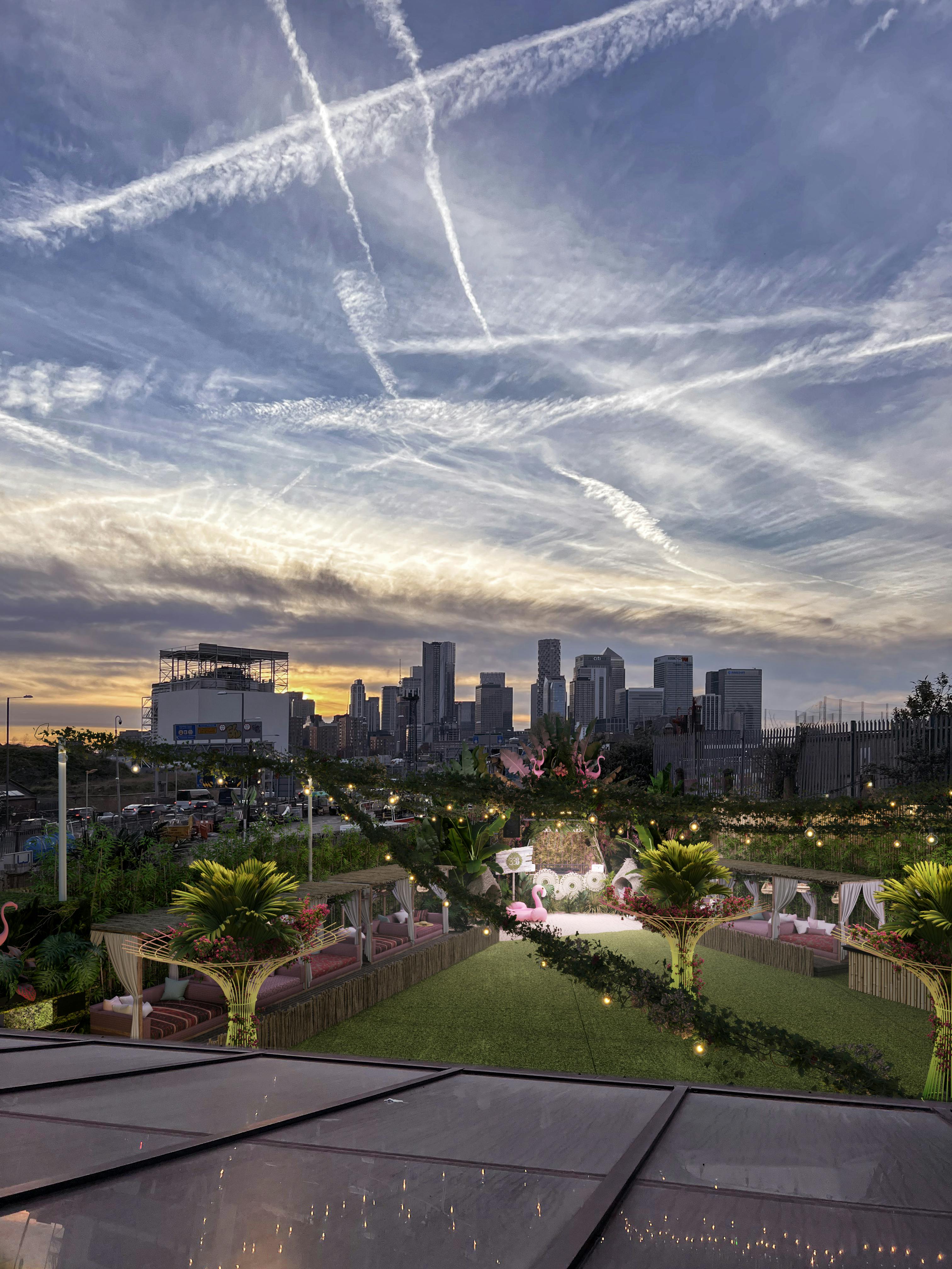 Outdoor event space at Studio 338 with skyline sunset, ideal for upscale gatherings.