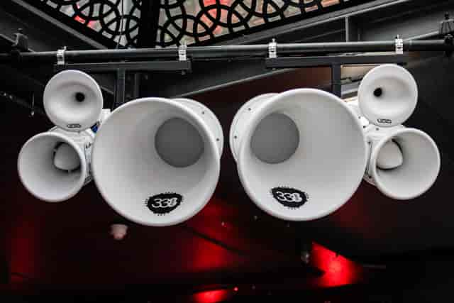 Sophisticated sound system with horn speakers for high-quality event audio at Studio 338.