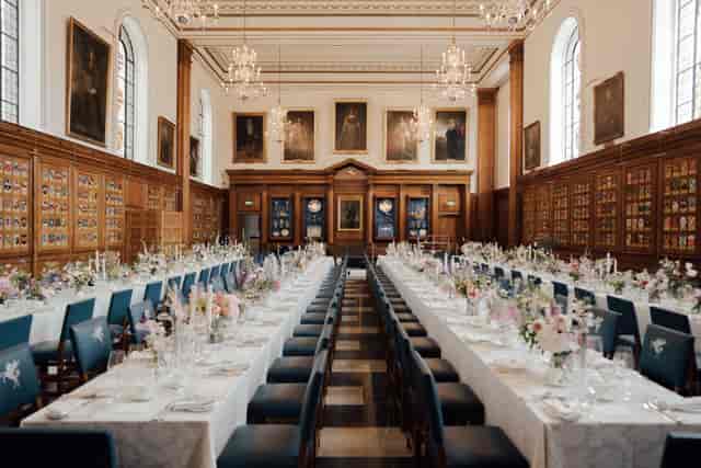 Formal banquet setup with long tables at Inner Temple Hall, perfect for corporate events and galas.