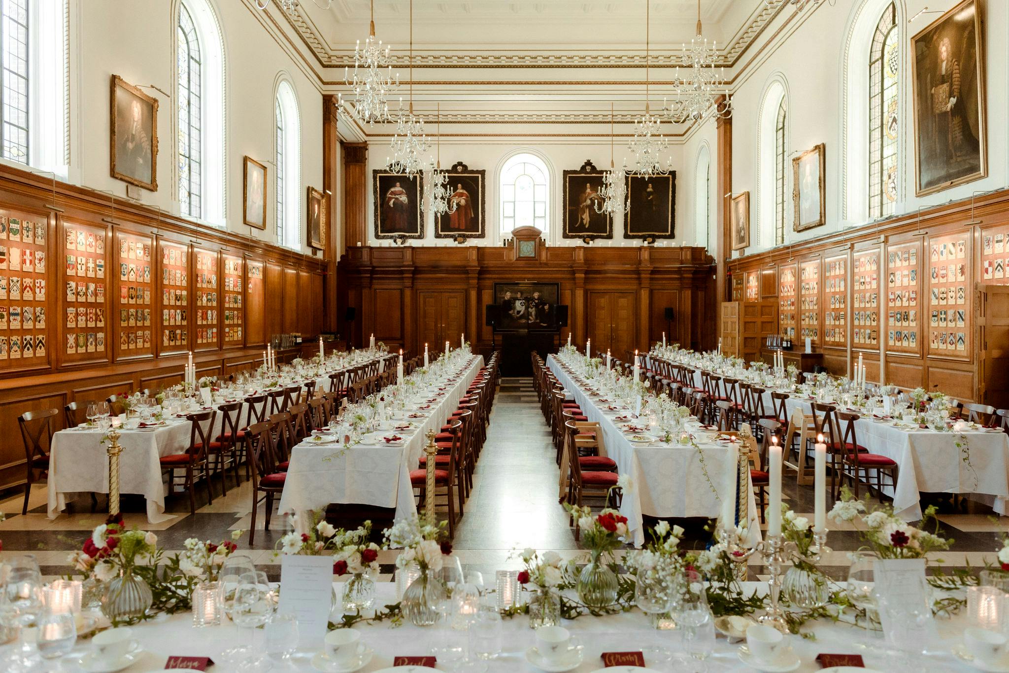 Elegant banquet hall in Inner Temple, featuring floral centerpieces for weddings and events.