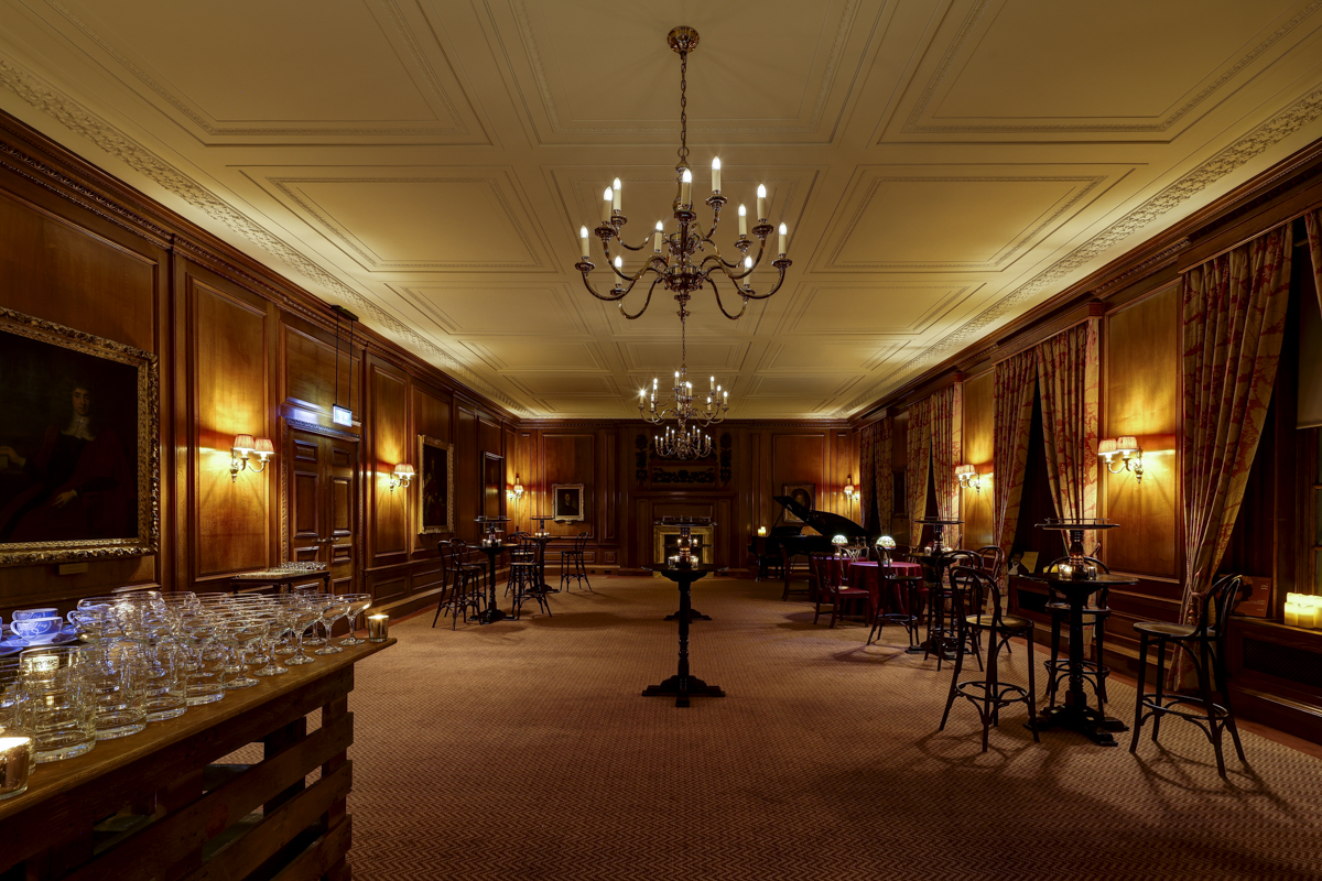 Inner Temple Parliament Chamber event space, wood paneling, cocktails - Banner
