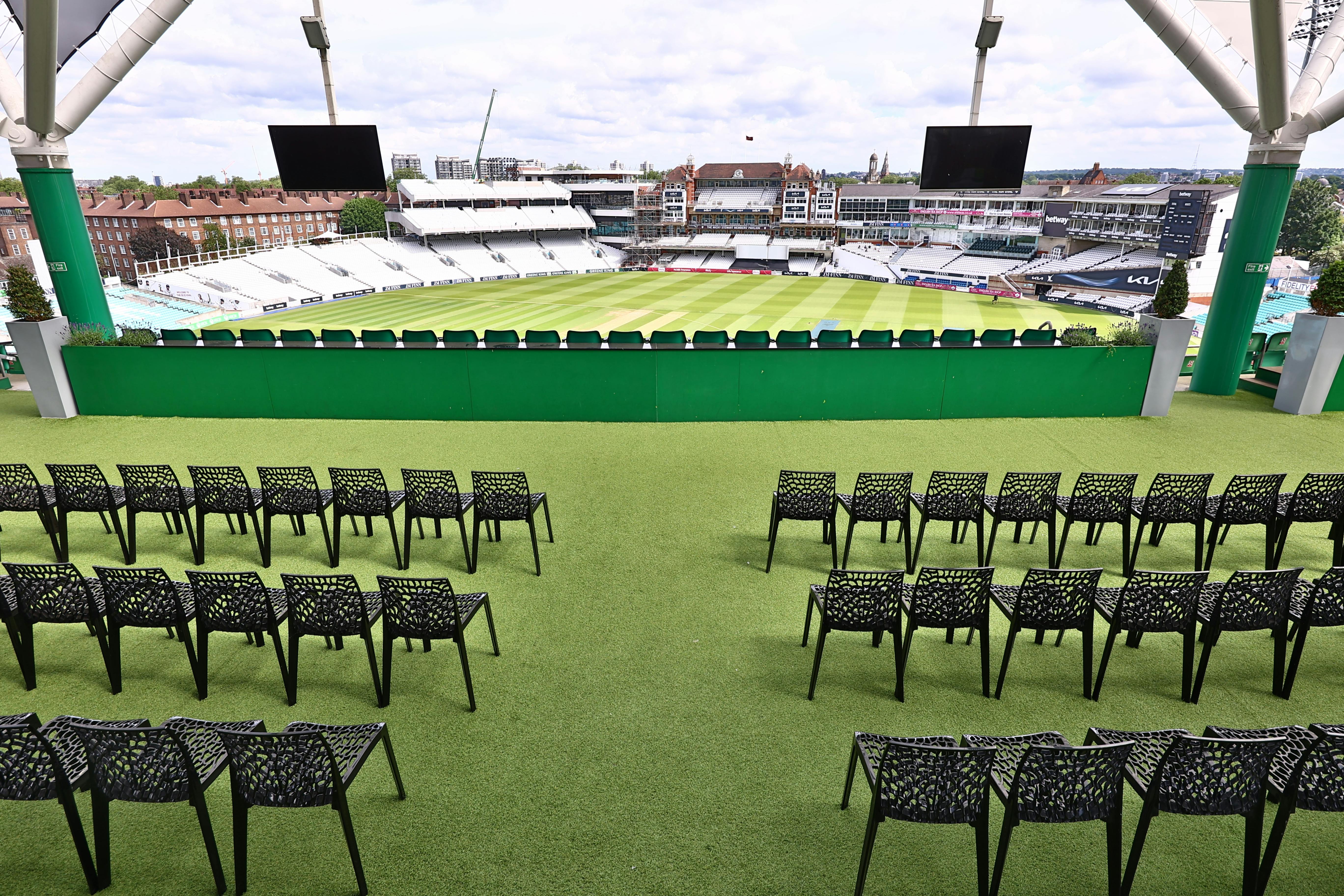 Corinthian Roof Terrace at Kia Oval, outdoor event space with black chairs for gatherings.