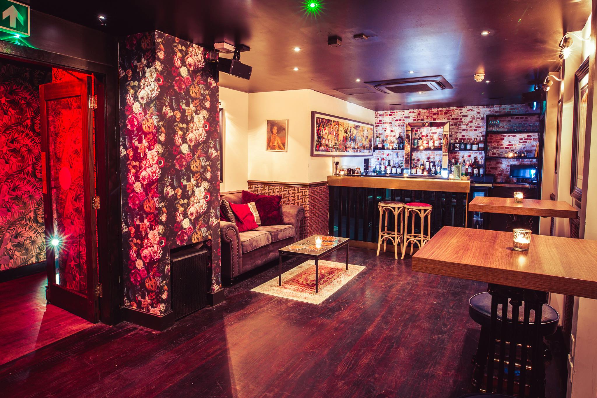 Jabberwocky venue with floral wallpaper, ideal for cocktail receptions and private parties.