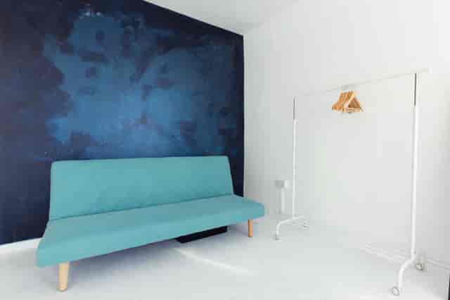 Soif Studios Studio A green room with accent wall for event production and talent preparation.