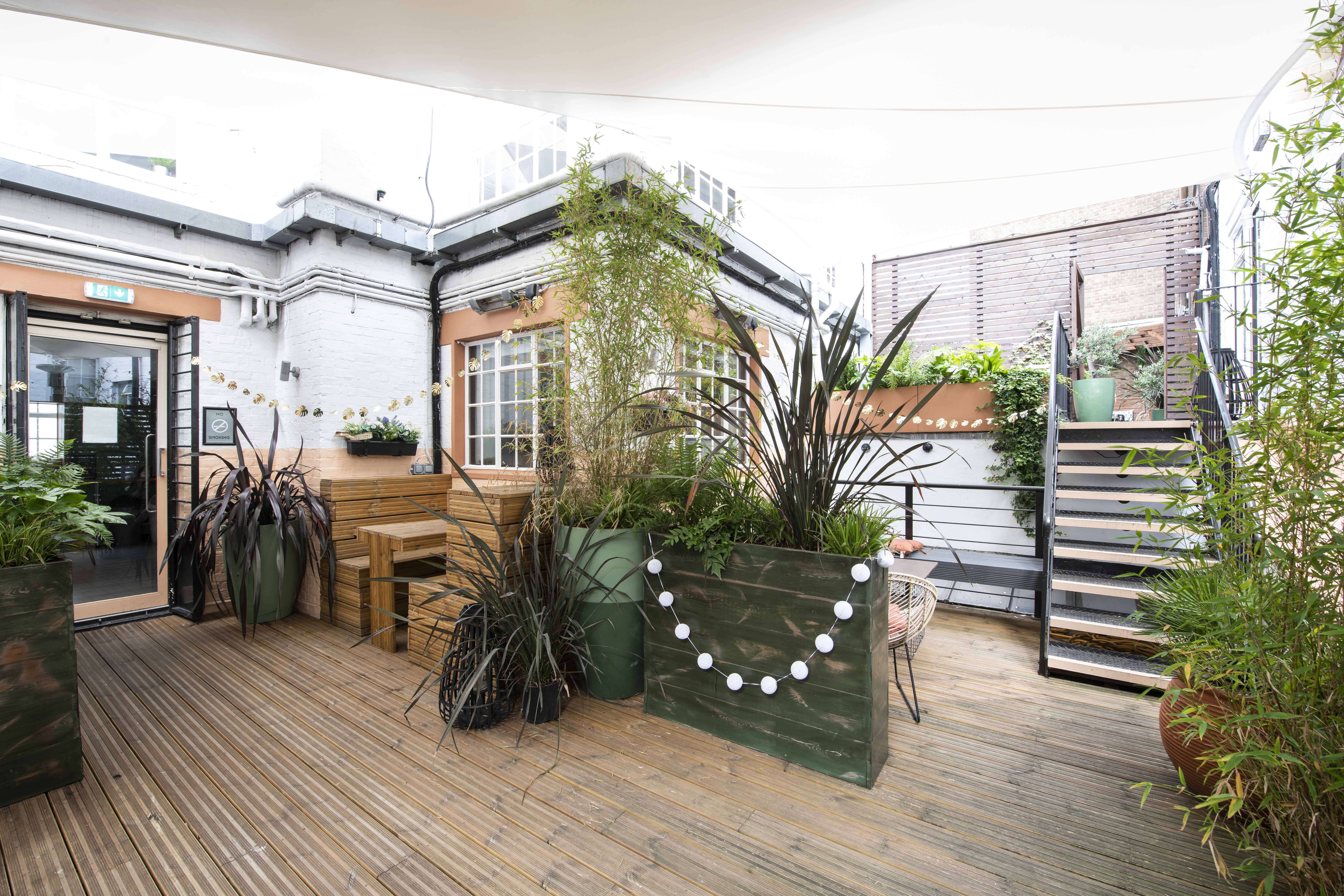 Charming outdoor terrace with greenery for intimate gatherings and networking events. - Banner