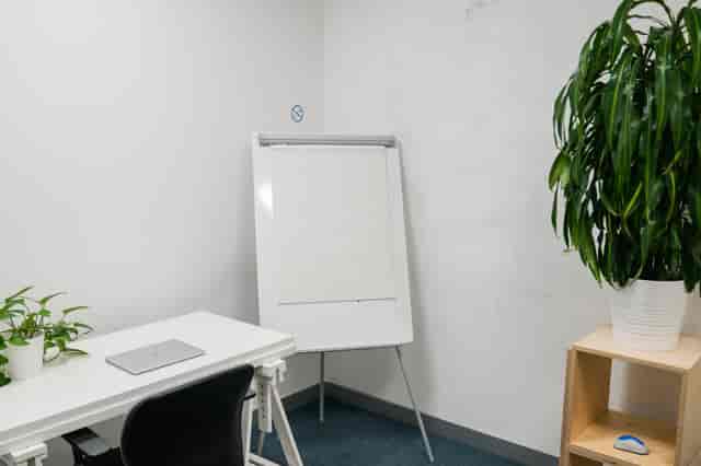 Minimalist meeting room with greenery, ideal for brainstorming sessions and discussions.