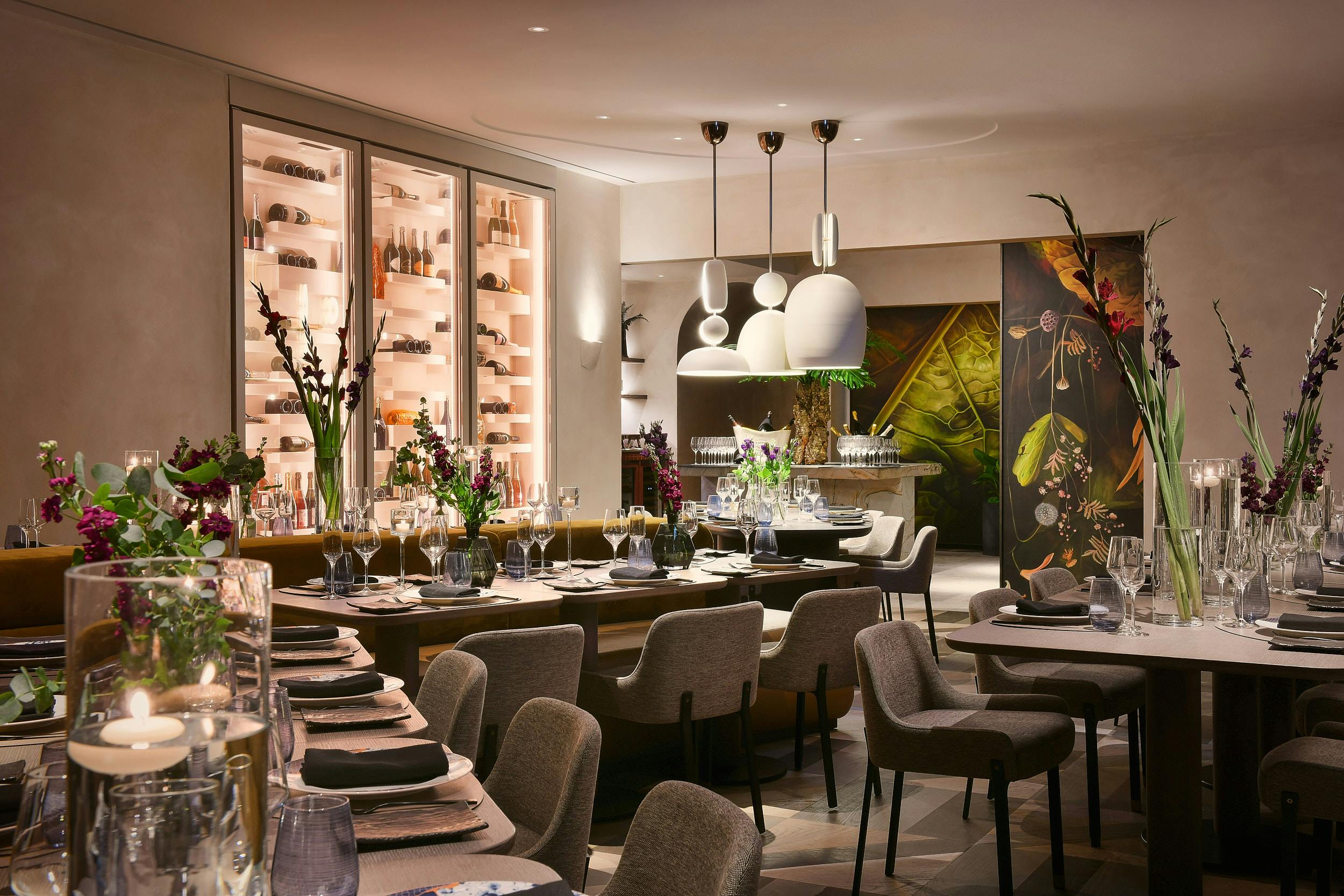 Sophisticated dining space in Straits Kitchen for upscale corporate events and private gatherings.