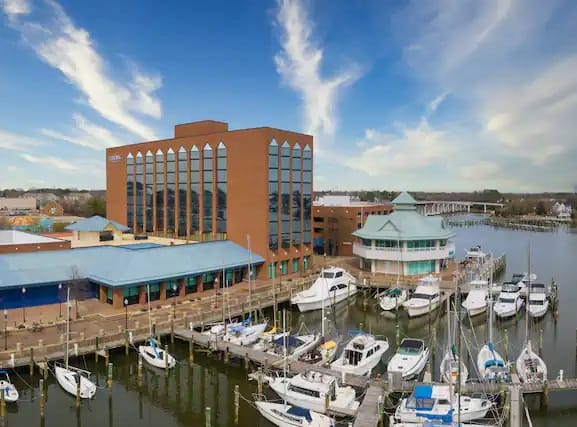 Dockside venue at Hampton Marina with modern architecture for events and meetings.
