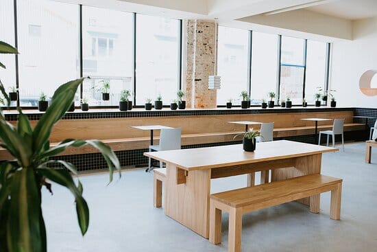 Bright modern courtyard at Talea Beer Co. for informal meetings and brainstorming sessions.
