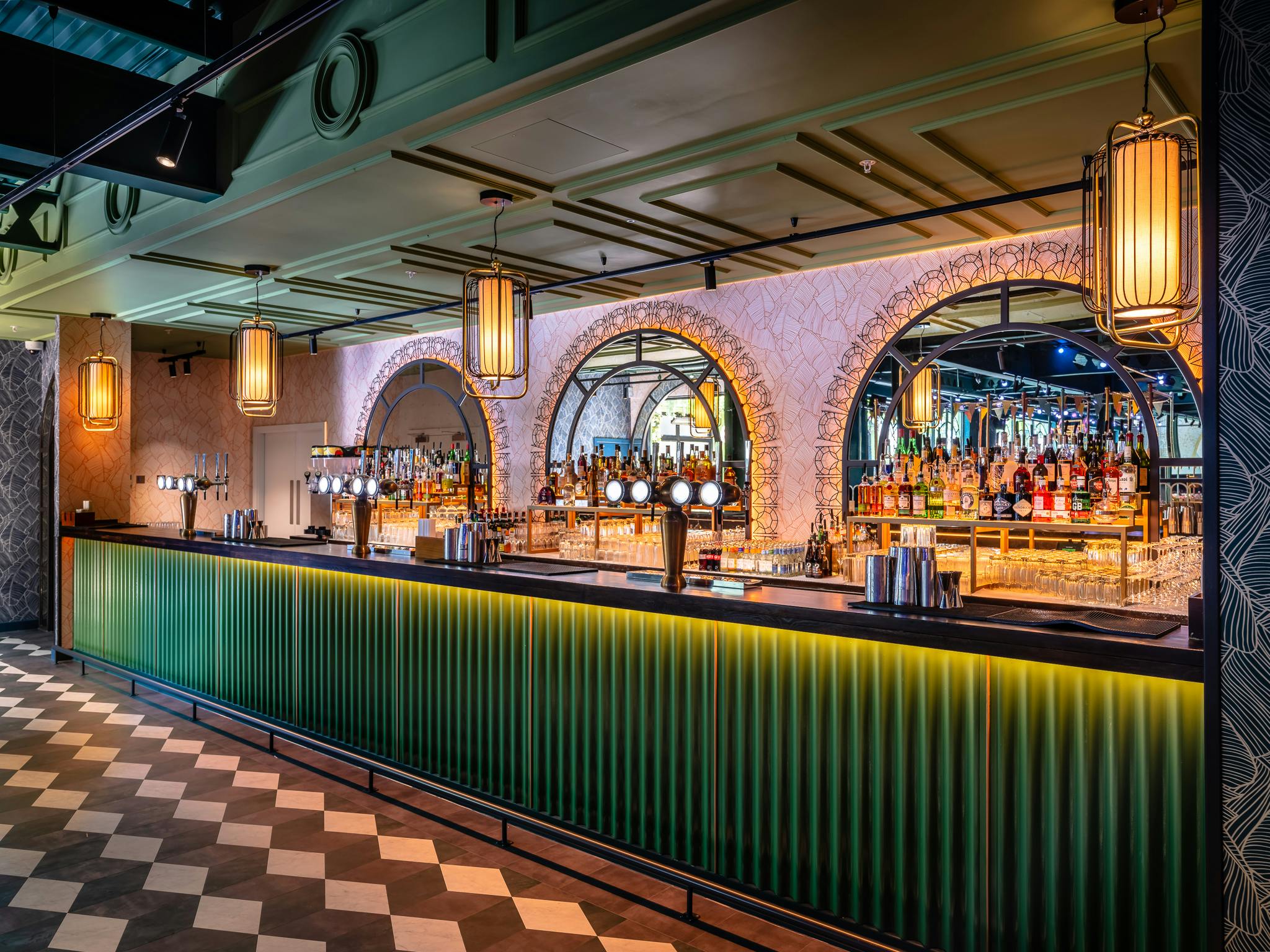 Stylish bar at The Fairground, ideal for networking events and cocktail receptions.