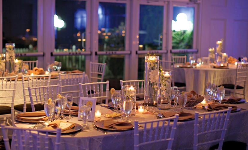 Elegant dining setup at Grand Oaks Country Club for weddings and corporate events.