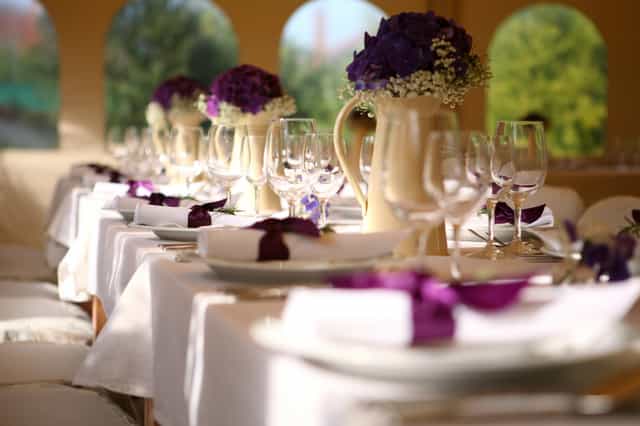 Elegant dining table setup for private events at Grand Oaks Country Club.