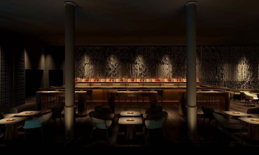 Buddha-Bar Restaurant NYC: sleek bar, ambient lighting for upscale events and receptions.