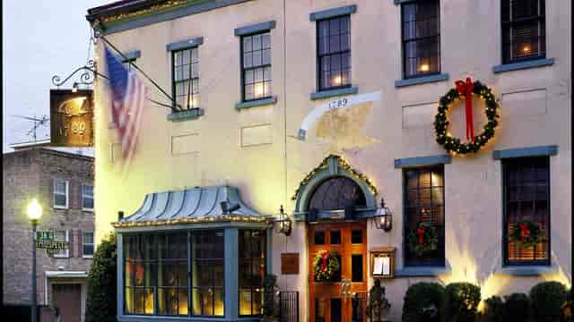 Charming 1789 Restaurant with festive decor, ideal for holiday events and gatherings.