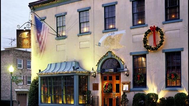Charming 1789 Restaurant with festive decor, ideal for holiday events and gatherings.