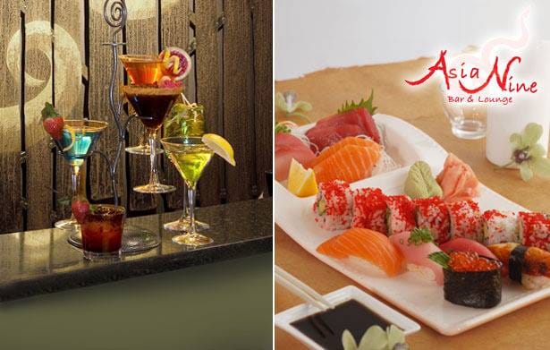 Vibrant Asia Nine Bar with colorful cocktails and sushi, ideal for upscale events.