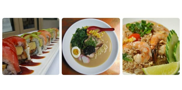 Vibrant Asian cuisine at Asia Nine Bar, featuring sushi, ramen, and shrimp fried rice.