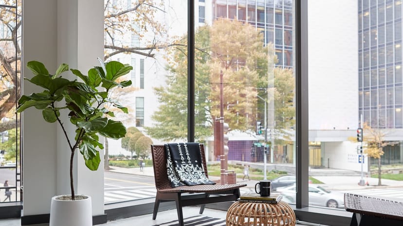Modern lounge at WeWork 1701, D.C. - perfect for networking and informal meetings.