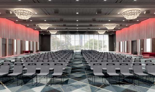 Platinum Ballroom at Frankfurt Marriott, spacious venue with modern chandeliers for conferences.