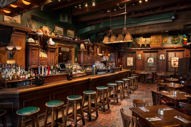 Cozy wood-toned bar at The Dubliner, perfect for networking events and casual gatherings.