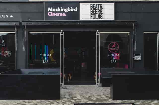 Mockingbird Cinema Bar exterior, trendy venue for film screenings and private events.