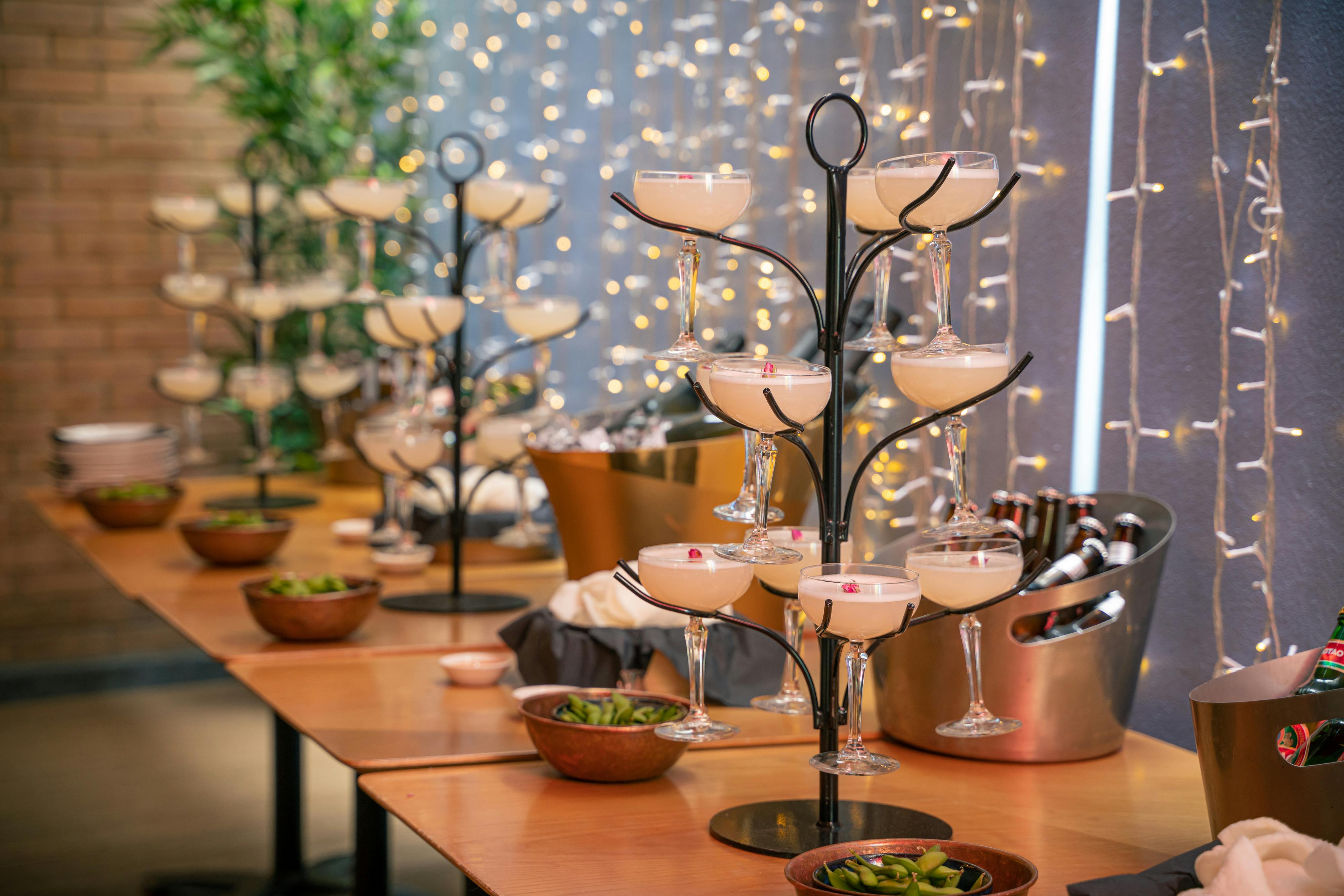 Elegant cocktail station in Private Summer Courtyard, perfect for networking events.