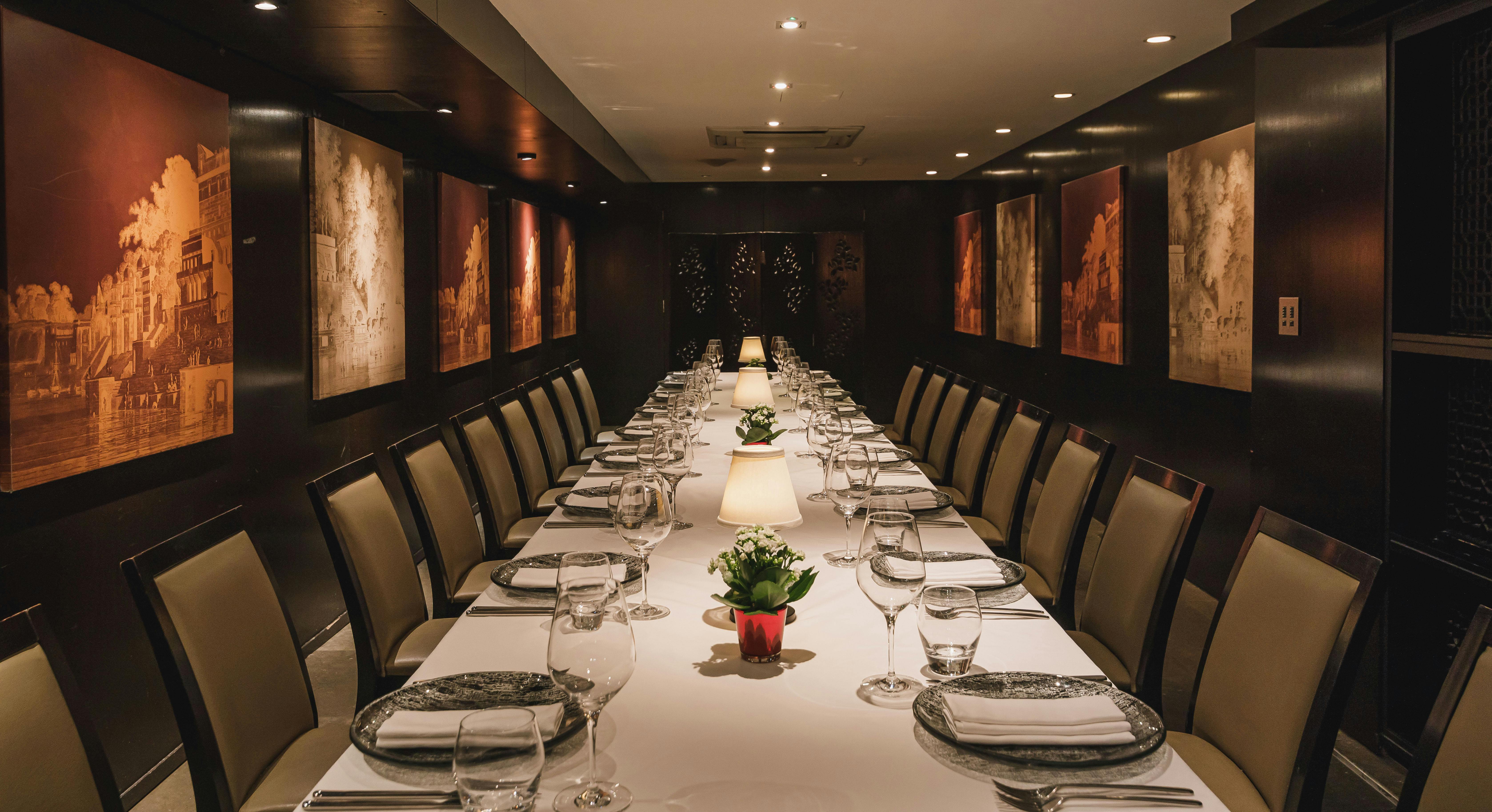 Elegant dining setup in Dover Private Room, Benares for corporate dinners and exclusive events.